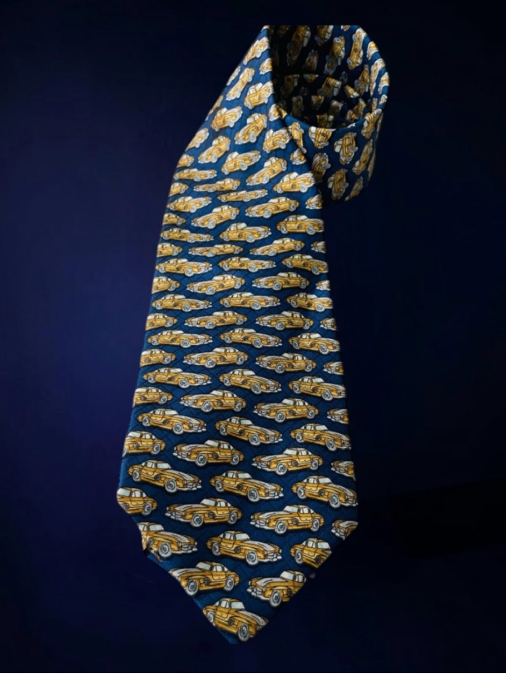 Rare!  VTG ESCADA SILK TIE MERCEDES GULLWING CAR MOTIF BLUE GOLD